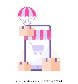 dropship, reseller, marketplace, and package delivery business concepts. illustration of a parachute dropping package or box. online shopping mobile application on smartphone. flat style design