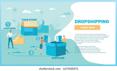 Dropshipping Advanced Technology and Goods Delivery from Supplier to Customer - Set. Manufacturer and Buyer Direct Connection with Business People Cartoon Characters. Flat Vector Illustration.