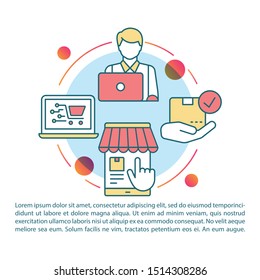 Dropshipping article page vector template. Customer making purchase. Online shopping. Brochure, magazine, booklet design element with linear icons. Print design. Concept illustrations with text