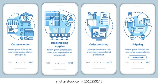 Dropshipping blue onboarding mobile app page screen with linear concepts. Customer order, drop ship supplier walkthrough steps graphic instructions. UX, UI, GUI vector template with illustrations