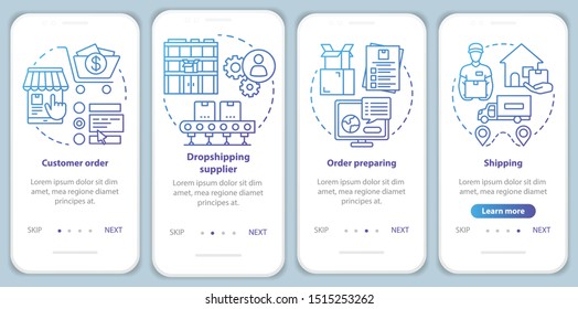 Dropshipping blue onboarding mobile app page screen with linear concepts. Order preparing, supplier, shipping walkthrough steps graphic instructions. UX, UI, GUI vector template with illustrations