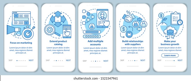 Dropshipping blue onboarding mobile app page screen with linear concepts. Focus on marketing, add multiple accounts walkthrough steps graphic instructions. UX, UI, GUI vector template with icons