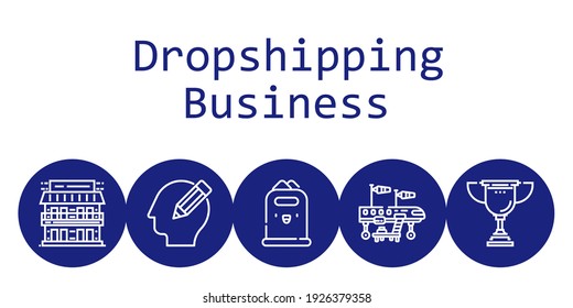 dropshipping business background concept with dropshipping business icons. Icons related airplane, pencil, trophy, motel, paper bin