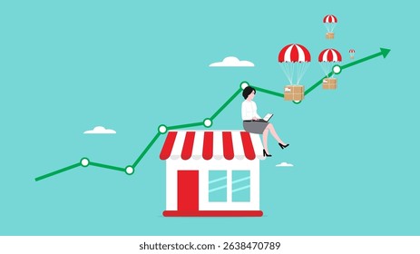 dropshipping business growth with with flying parachute, e-commerce website store and let supplier ship product directly to customer