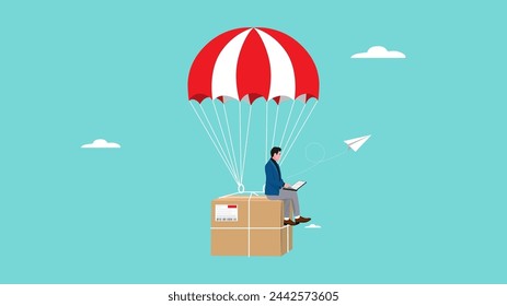 dropshipping business illustration, e-commerce website store and let supplier ship product directly to customer, businessman using a computer sends a drop ship order package with flying parachute