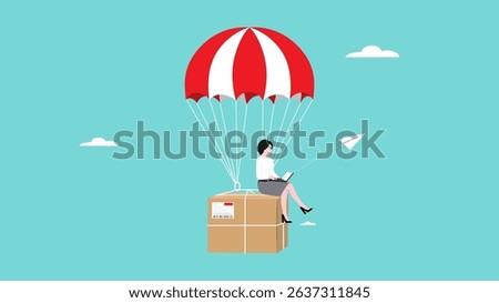 dropshipping business illustration, e-commerce website store and let supplier ship product directly to customer, businesswoman using a computer sends a drop ship order package with flying parachute