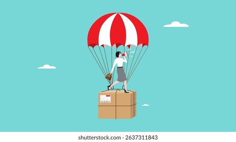 dropshipping business marketing strategy, promotion on the drop shipping business, businesswoman promotes his drop shipping business using a megaphone while riding a flying parachute with package