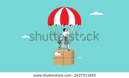 dropshipping business marketing strategy, promotion on the drop shipping business, businesswoman promotes his drop shipping business using a megaphone while riding a flying parachute with package