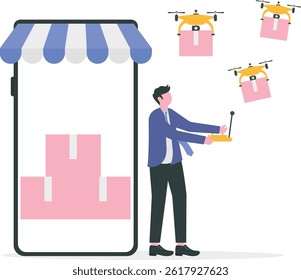 Dropshipping business model by Drone delivery business control drones to deliver packages and boxes, work with warehouse robot arms vector

