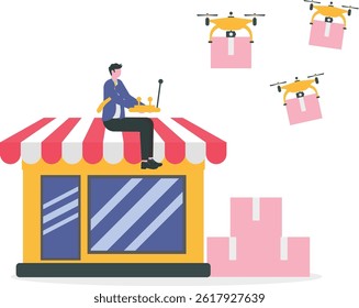 Dropshipping business model by Drone delivery business control drones to deliver packages and boxes, work with warehouse robot arms vector

