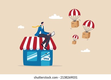 Dropshipping business model by open e-commerce website store and let supplier ship product directly to customer concept, businessman using computer with delivery drop ship package flying parachute.