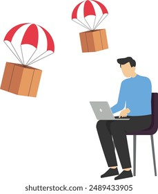 Dropshipping business model with opening e-commerce website shop and supplier deliver product directly to customer, businessman using computer with flying parachute drop ship package delivery