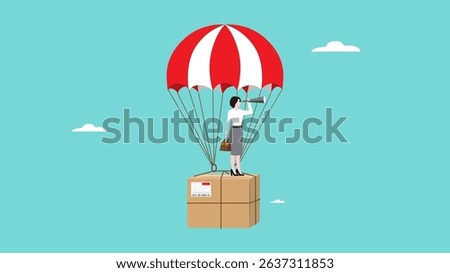dropshipping business opportunity, businesswoman using binoculars while riding a flying parachute with package concept vector illustration
