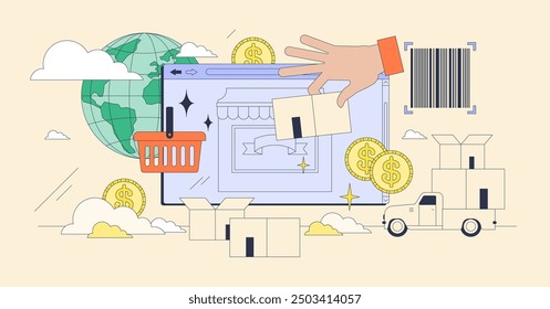 Dropshipping business and order distribution tiny person neubrutalism concept. Vendor shipment fulfillment and product merchandise using online e-commerce platform vector illustration. Online retail.