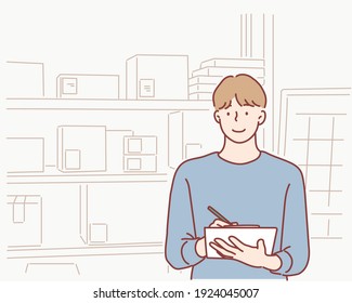 Dropshipping business owner working, checking order to confirm before sending to customer. Hand drawn style vector design illustrations.