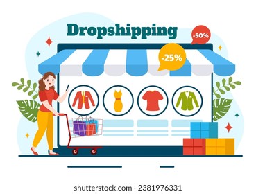 Dropshipping Business Vector Illustration with Businessman Open E-commerce Website Store and Let Supplier Ship Product in Flat Cartoon Background