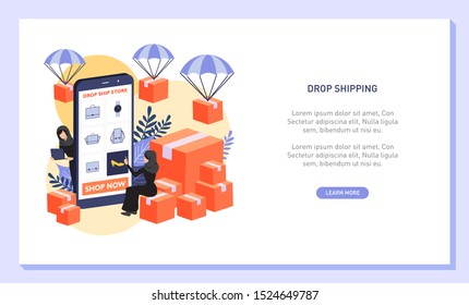 Dropshipping concept illustration, perfect for web design, banner, mobile app, landing page, vector flat design. Young arab women order product from the dropship store.