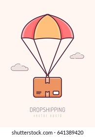 Dropshipping concept. Parachute in the sky delivering package to destination. Vector illustration in line art style