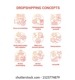 Dropshipping concept red icons set. Online delivery service idea thin line illustrations. Focus on marketing, extend product catalog, get profit. Vector isolated outline drawings. Editable stroke