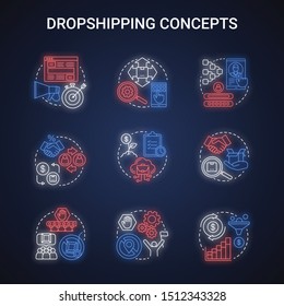 Dropshipping concepts neon light concept icons set. Online business idea. Focus on marketing, extend product catalog, build relationships with suppliers. Glowing vector isolated illustration
