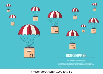 Dropshipping. Drop shipping concept. Package flying on parachute, delivery service concept. Flat design