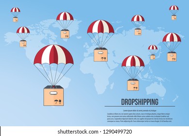 Dropshipping. Drop shipping concept. Package flying on parachute, delivery service concept. Flat design