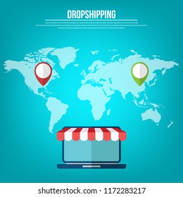 Dropshipping. Drop shipping concept. World map wit location markers and laptop showing shopping cart icon on the screen. Vector illustration 