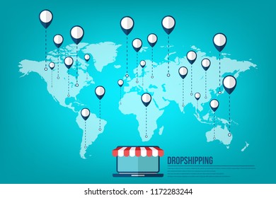 Dropshipping. Drop shipping concept. World map wit location markers and laptop showing shopping cart icon on the screen. Vector illustration 