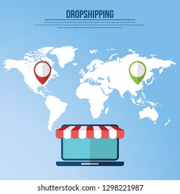 Dropshipping. Drop shipping concept. World map wit location markers and laptop showing shopping cart icon on the screen. Vector illustration 