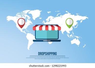 Dropshipping. Drop shipping concept. World map wit location markers and laptop showing shopping cart icon on the screen. Vector illustration 