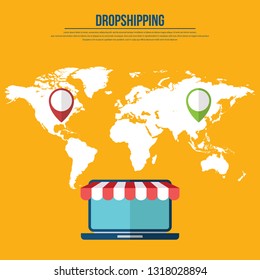 Dropshipping. Drop shipping concept. World map wit location markers and laptop showing shopping cart icon on the screen. Vector illustration 