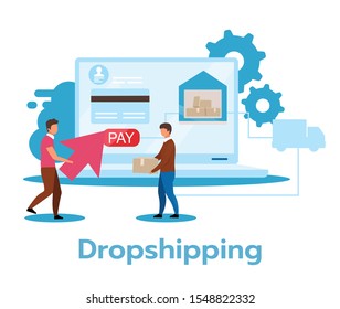 Dropshipping flat vector illustration. Retail fulfillment method. Sale strategy. Minimal investment. E-commerce. Internet shop. Business model. Isolated cartoon character on white background