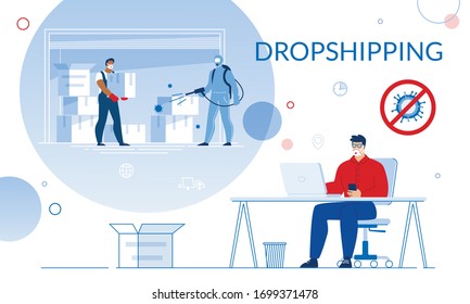 Dropshipping in Global Covid19 Pandemic Condition. Parcel Box Disinfection Sanitization Before Shipment. Man Do Online Purchase on Quarantine. Deliveryman in Protective Clothes, Facemask, Glove