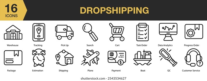 Dropshipping icon set. Includes boat, cart, customer service, data analytics, estimation, and More. Outline icons vector collection.