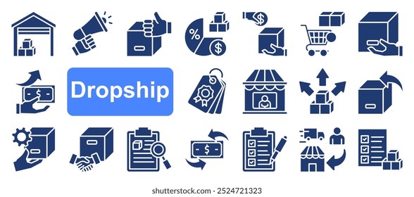 Iconos de dropshipping como almacén, inventario, entrega, empresa, gestión de productos, minorista, compras,