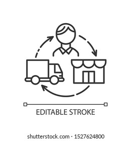Dropshipping linear icon. Drop shipping. Product delivery to customer. Goods transportation. Sales business. Thin line illustration. Contour symbol. Vector isolated outline drawing. Editable stroke