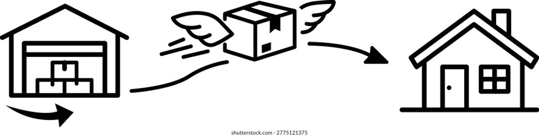Dropshipping minimalist black line vector icon on a white background representing the supply chain process from warehouse to home delivery with a flying package box and arrows illustration.