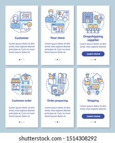 Dropshipping onboarding mobile app page screen with linear set concepts. Customer order, delivery shipping walkthrough steps graphic instructions. UX, UI, GUI vector template with illustrations