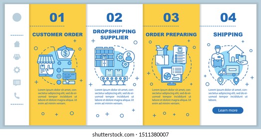 Dropshipping onboarding mobile web pages vector template. Order preparing. Responsive smartphone website interface idea with linear illustrations. Webpage walkthrough step screens. Color concept