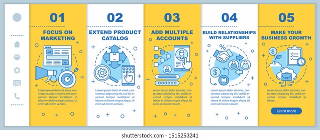 Dropshipping onboarding mobile web pages vector template. Extend product catalog. Responsive smartphone website interface idea with linear icons. Webpage walkthrough step screens. Color concept