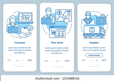 Dropshipping process blue onboarding mobile app page screen with linear concepts. Customer, your store, supplier walkthrough steps graphic instructions. UX, UI, GUI vector template with illustrations