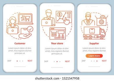 Dropshipping process red onboarding mobile app page screen vector template. Customer, store, supplier. Walkthrough website steps with linear illustrations. UX, UI, GUI smartphone interface concept