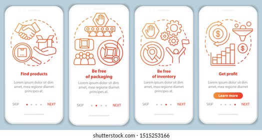 Dropshipping red onboarding mobile app page screen vector template. Find product, be free of packaging. Walkthrough website steps with linear illustrations. UX, UI, GUI smartphone interface concept