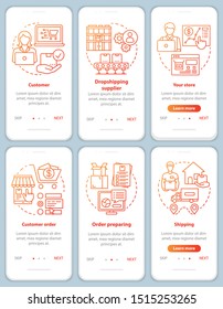 Dropshipping red onboarding mobile app page screen vector template set. Customer, supplier, delivery shipping. Walkthrough website steps with linear icons. UX, UI, GUI smartphone interface concept