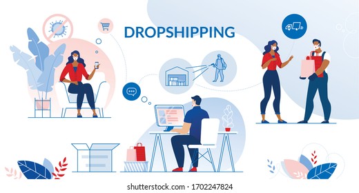 Dropshipping Set. Contactless Safety Conveyance in Coronavirus Covid19 Pandemic Condition. Healthcare Security Guarantee in Online Shopping, Express Delivery to Door in Quarantine. Parcel Disinfection