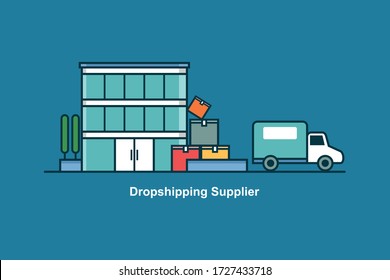 Dropshipping supplier vector illustration. Shipping product from warehouse to customer idea thin line illustration. Supply chain management. Goods distribution background