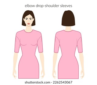 Drop-shoulder sleeves clothes character beautiful lady in pink top, shirt, dress technical fashion illustration with elbow length. Flat apparel template front, back sides. Women, men unisex CAD mockup