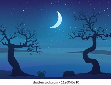 Drought area landscape at night with dead trees and a starry sky. Vector illustration