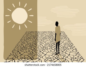 Drought caused by climate change - abstract terrain with cracked ground and sad person looking at the sun