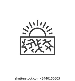 Drought climate line icon. linear style sign for mobile concept and web design. Sun with cracked earth or dry soil outline vector icon. Symbol, logo illustration. Vector graphics